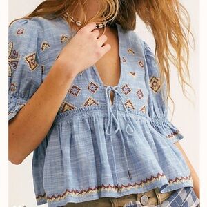 Free People Tallulah Chambray Embroidered Top